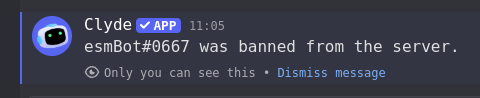Hidden message from Clyde's, Discord moderation bot, saying Essembot was banned.