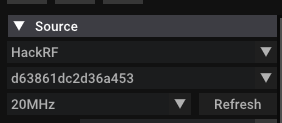 Screenshot of SDR++ showing the Source section having the HackRF selected.