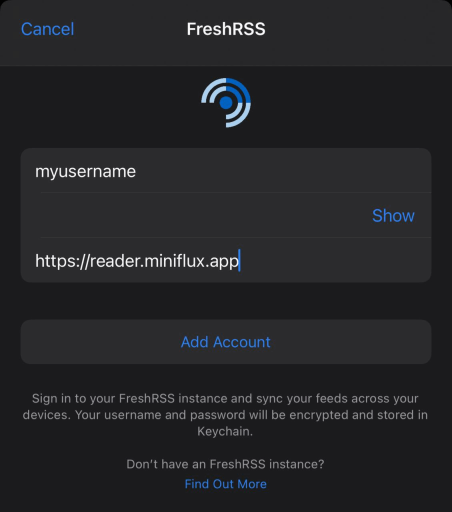 Screenshot of the setup screen in the app showing the username, password and URL.