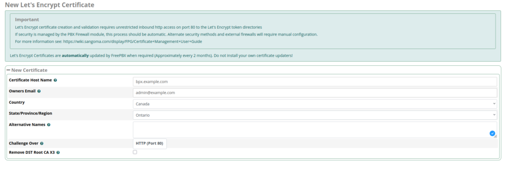 Screenshot of the FreePBX certificate generator.