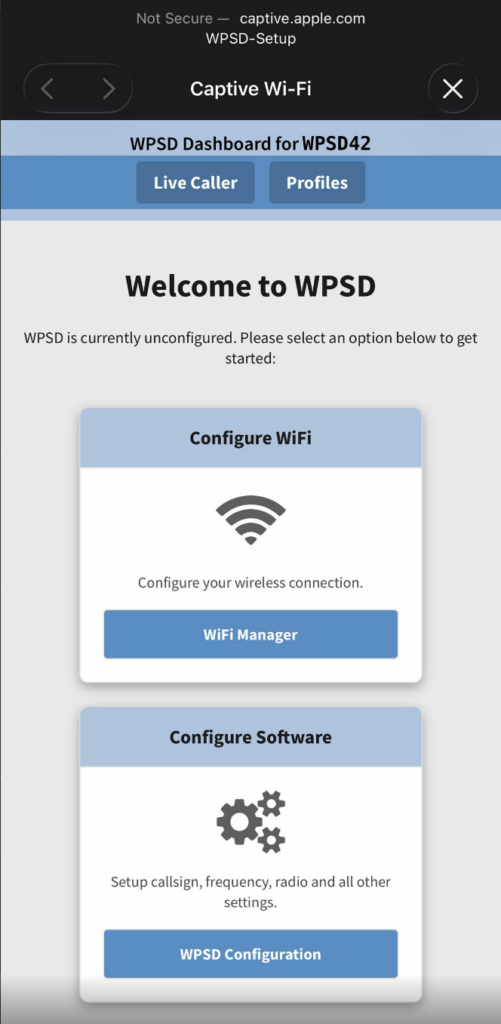 Screenshot of the Apple captive portal screen showing the Wi-Fi configuration for WPSD.