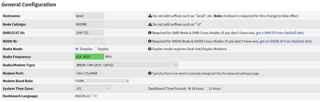 Configuration screen of WPSD showing the DMR ID, and other screen and modem configuration.