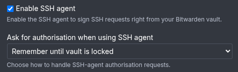 One enabled checkbox with the text "Enable SSH agent" and another dropdown set to "Remember until vault is locked".