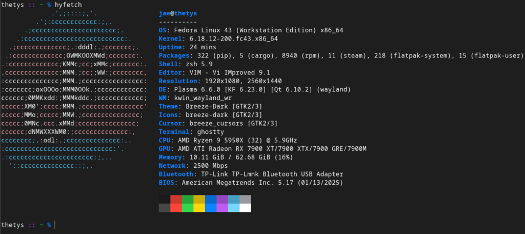 Hyfetch command ran in a terminal. Shows the computer is running Fedora 43, has been up for 24 minutes and a lot of other properties.